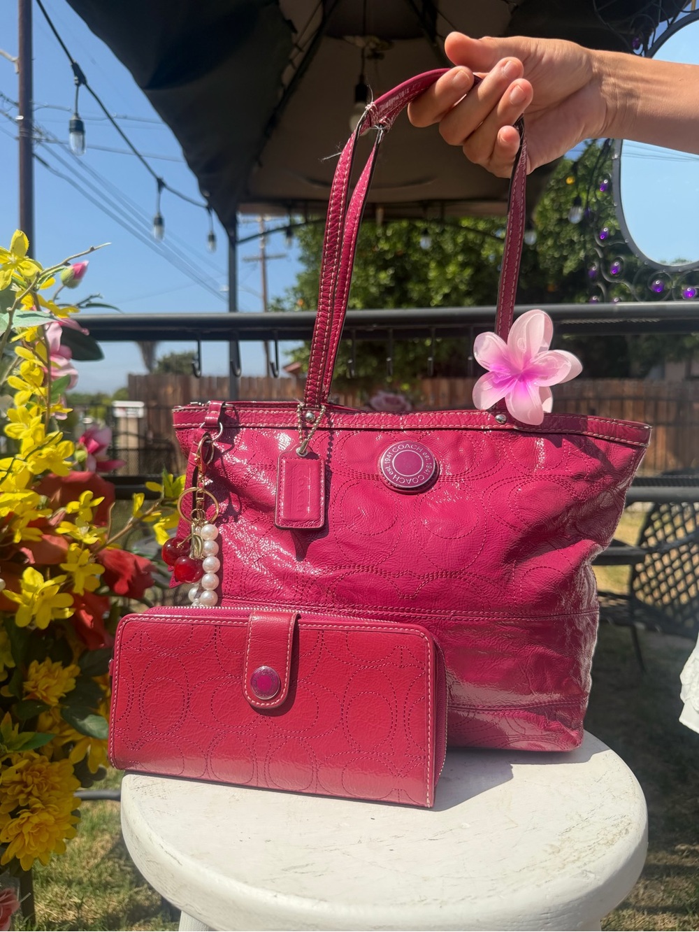 Coach Hot Pink Patent Signature Tote with Matching Wallet